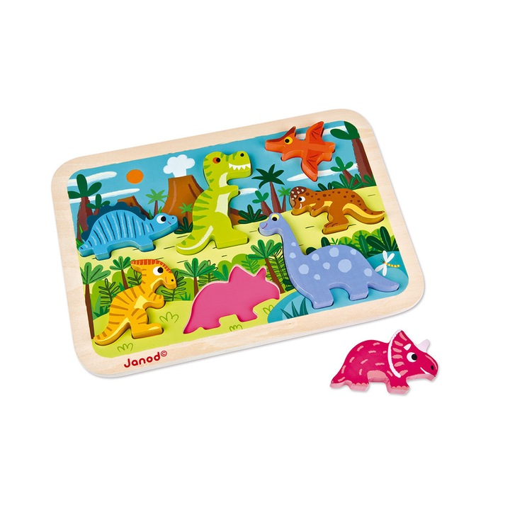 Puzzle din lemn Janod - Dinozauri, 7 piese