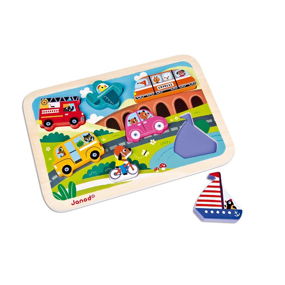 Puzzle din lemn Janod - Mijloace de transport, 7 piese