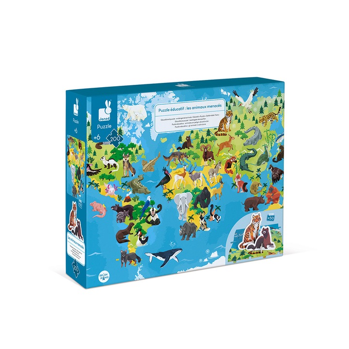 Janod Oktatási puzzle - Veszélyeztetett állatok, 200 darab