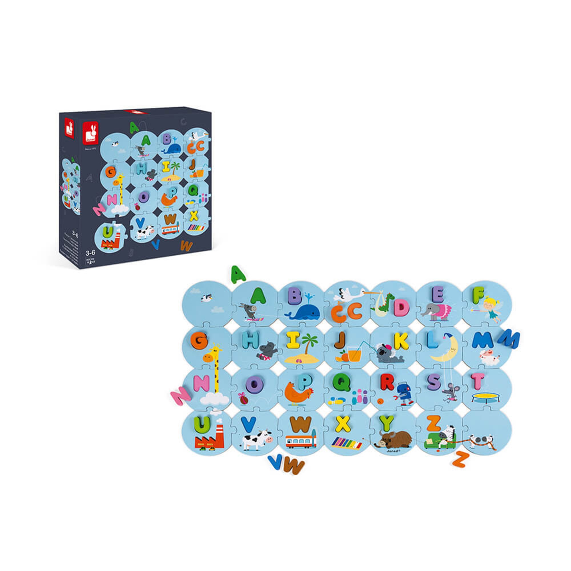 Puzzle educativ Janod - Invat alfabetul, 28 piese, lb. franceza