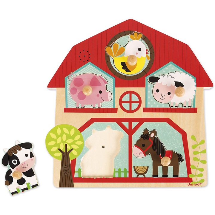 Музикален пъзел Janod - Приятели от фермата, Дървен, 5 части
