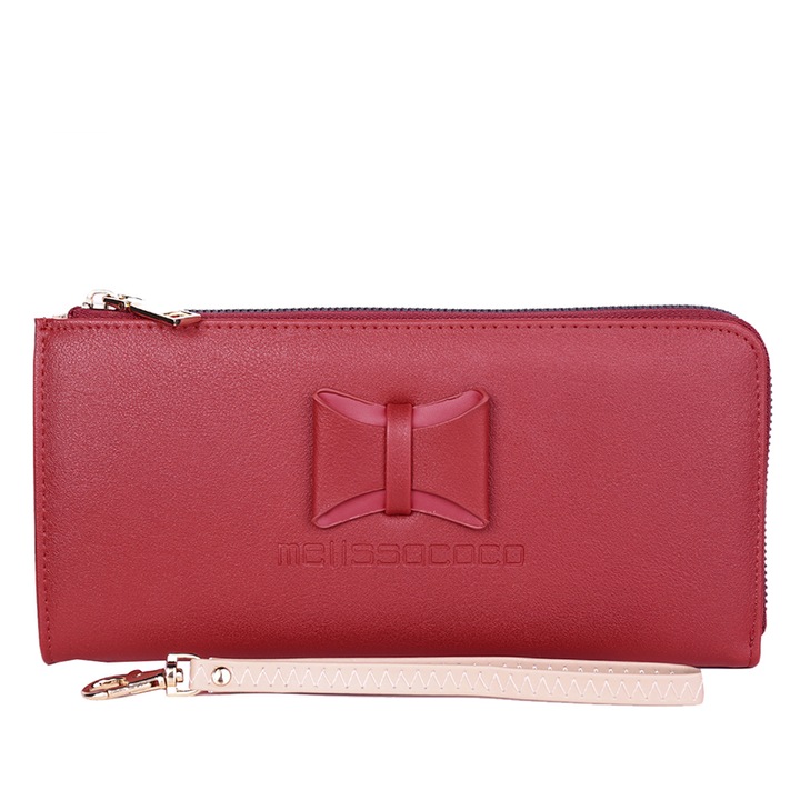 Portofel dama din piele PU, cu o fundita, 12 compartimente pentru carduri, Rosu