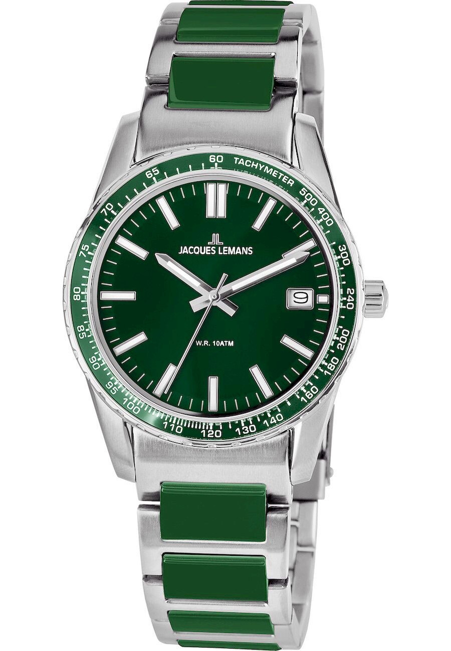 Ceas unisex, Jacques Lemans, 1-2060J, Carcasa din otel inoxidabil, 39 mm, 10 ATM, Argintiu/Verde