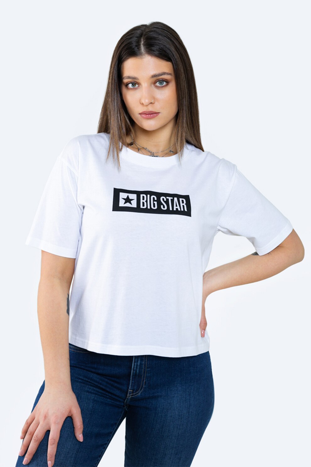 Big Star, Tricou lejer de bumbac, cu imprimeu logo, Alb, M