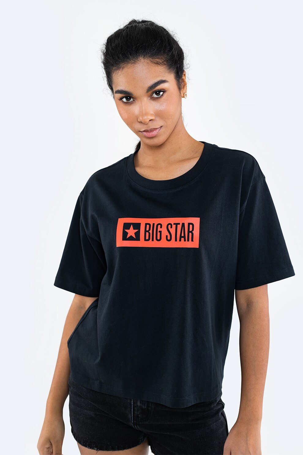 Big Star, Tricou lejer de bumbac organic cu imprimeu logo, Bleumarin inchis/Oranj