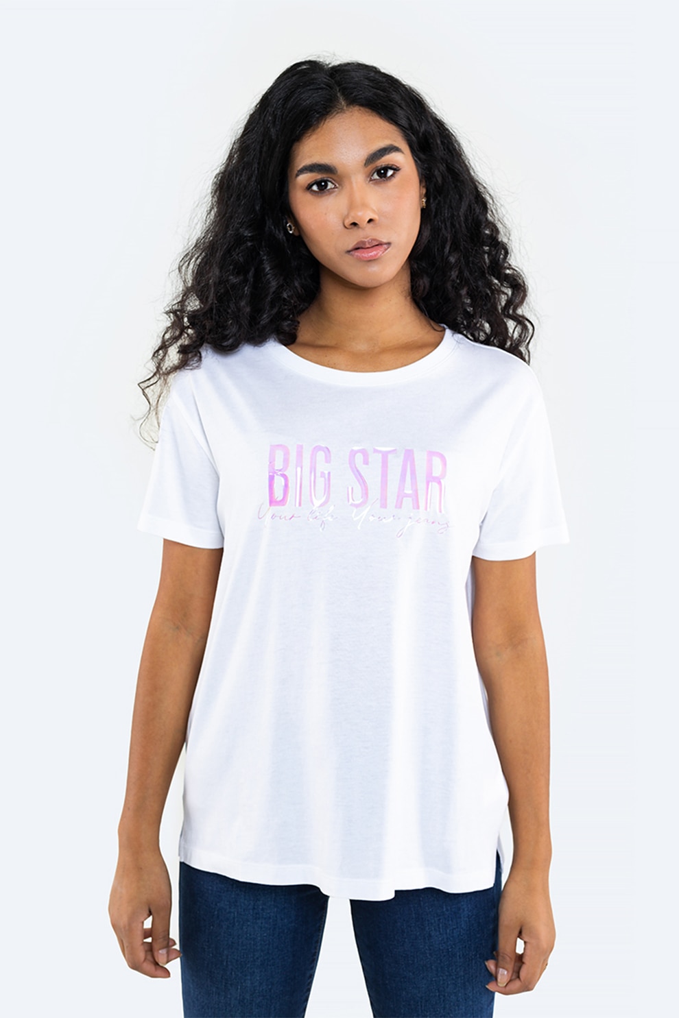Big Star, Tricou de bumbac si modal, cu imprimeu holografic, Alb