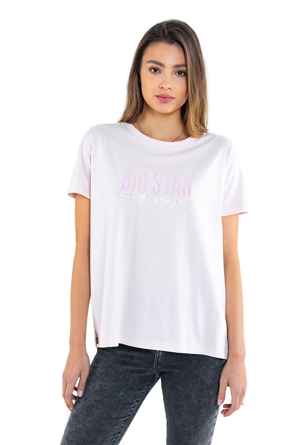 Big Star, Tricou de bumbac si modal, cu imprimeu holografic, Roz pastel