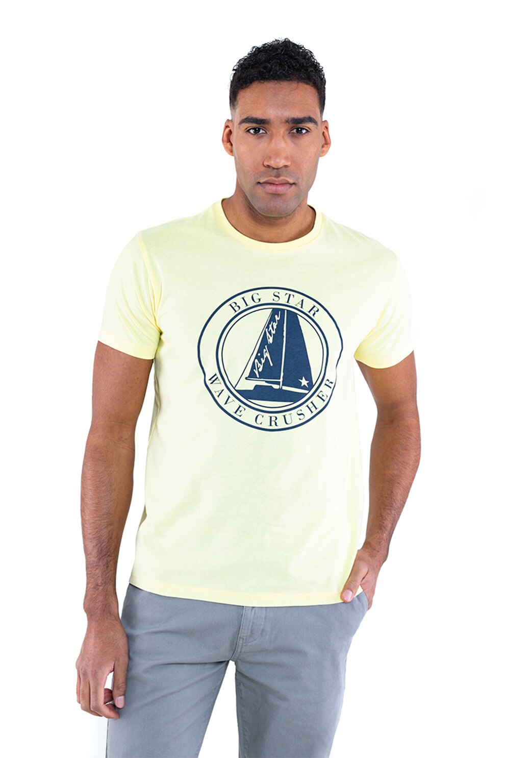 Big Star, Tricou cu imprimeu grafic, Galben pal/Bleumarin