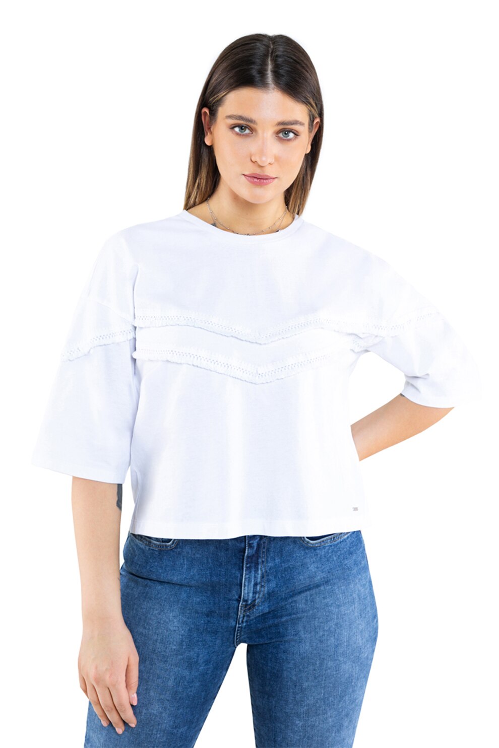 Big Star, Tricou cu maneci medii si terminatii franjurate, Alb