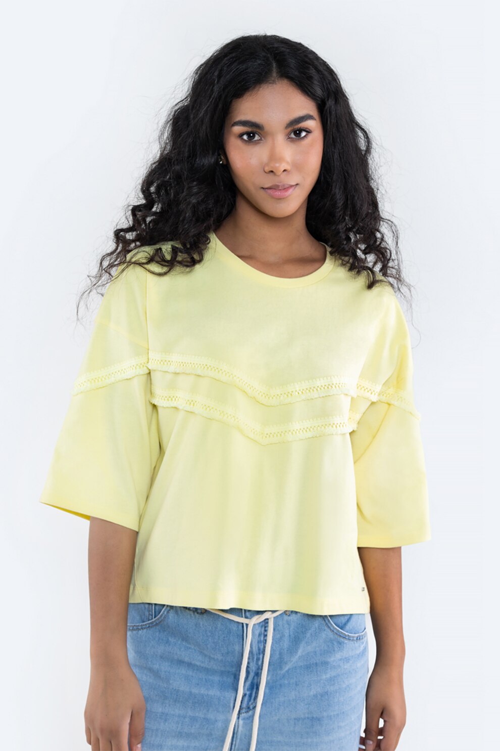 Big Star, Tricou cu maneci medii si terminatii franjurate, galben pal