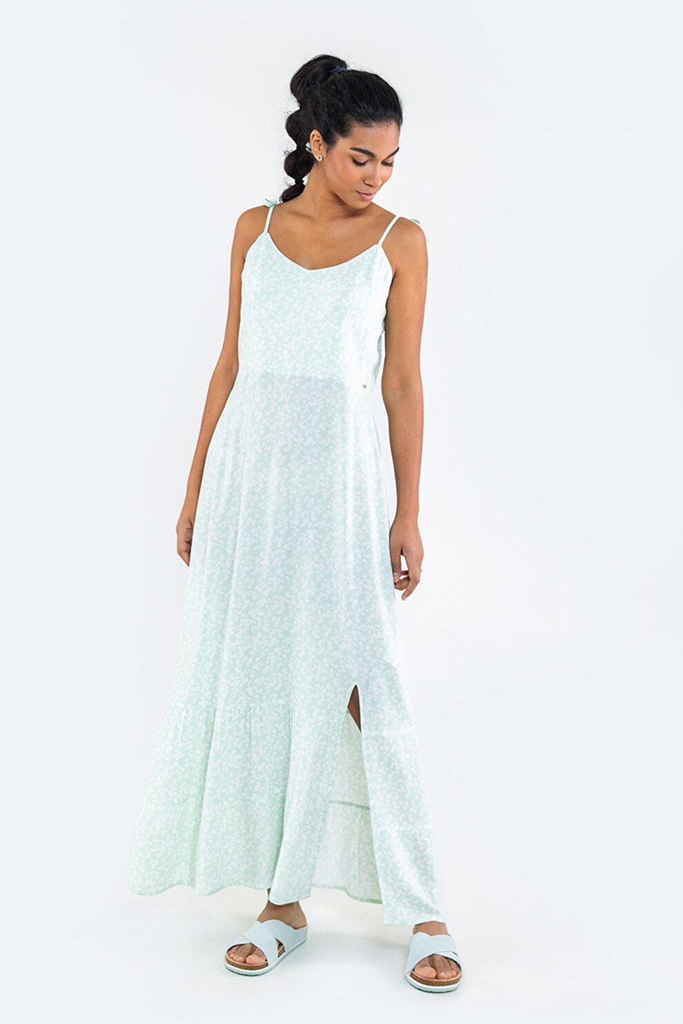 Big Star, Rochie cu decolteu in V si slituri laterale, Verde menta/Alb