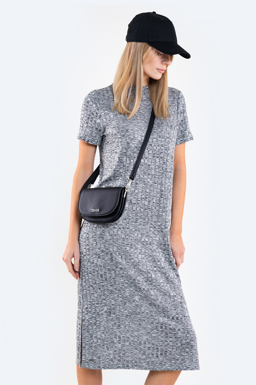 Big Star, Rochie midi cu slituri laterale, Gri melange, One Size