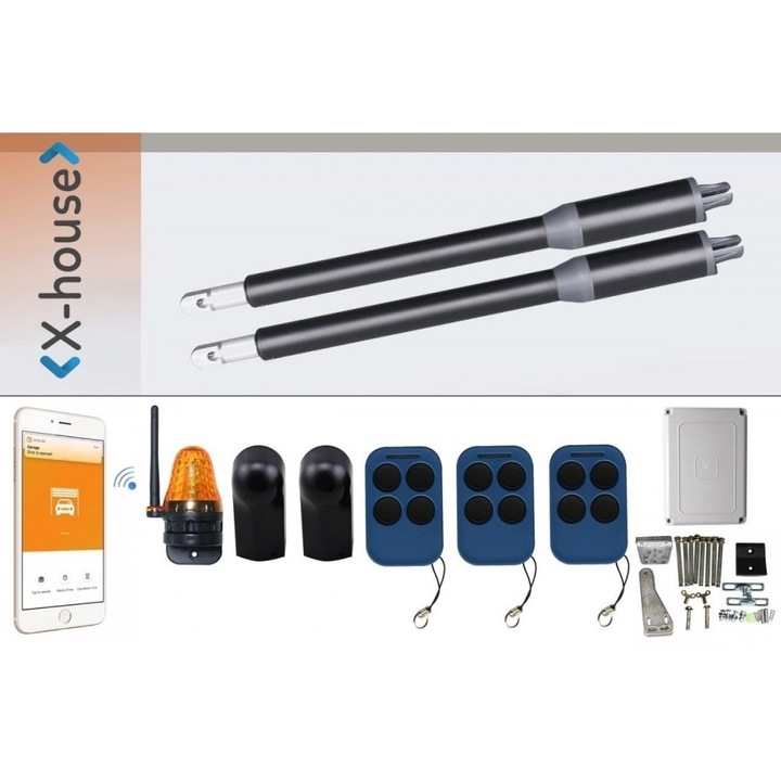 Kit Automatizare Smart Wifi cu 3 Telecomenzi, Porti Batante, maxim 300 Kg, 2x2 metri, cu Lampa si Fotocelule