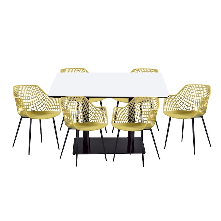Set mobilier dining bucatarie RAKI masa dreptunghiulara cu blat MDF melaminat 120x80x75cm cu 6 scaune TOYAMA galben negru