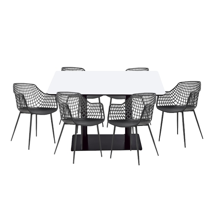 Set mobilier dining bucatarie RAKI masa dreptunghiulara cu blat MDF melaminat 120x80x75cm cu 6 scaune TOYAMA negre