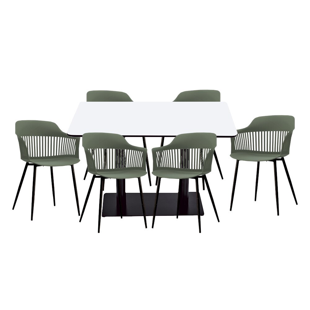 Set mobilier dining bucatarie RAKI masa dreptunghiulara cu blat MDF melaminat 120x80x75cm cu 6 scaune Florida 53x59x81cm verde negru