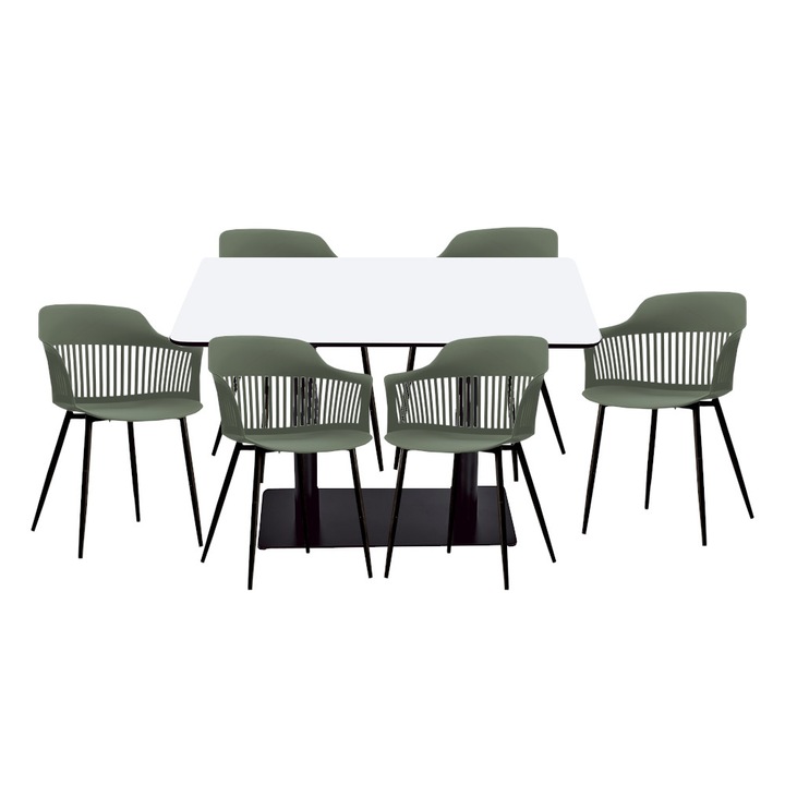 Set mobilier dining bucatarie RAKI masa dreptunghiulara cu blat MDF melaminat 120x80x75cm cu 6 scaune Florida 53x59x81cm verde negru
