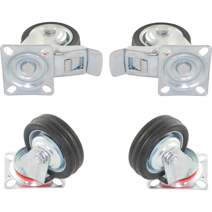 Set 2 roti pivotante si 2 roti pivotante cu frana din cauciuc plin cu placa, 200mm, capacitate 230kg