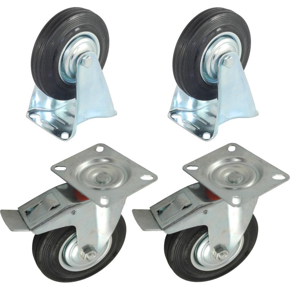 Set 2 roti fixe si 2 roti pivotante, cu frana din cauciuc plin cu placa 160mm