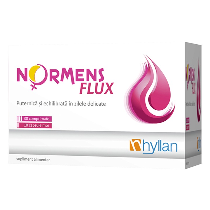 Hyllan Pharma Normens Flux, étrendkiegészítő, hormonok kiegyensúlyozása a női termékenységért, a menstruációs ciklus és a rendszeres ovuláció érdekében, 30 db tabletta + 10 db lágy kapszula