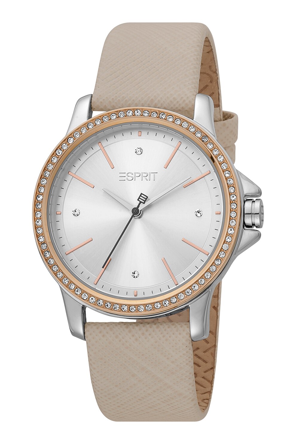 Esprit, Ceas cu o curea de piele, decorat cu cristale, Roz prafuit/Argintiu