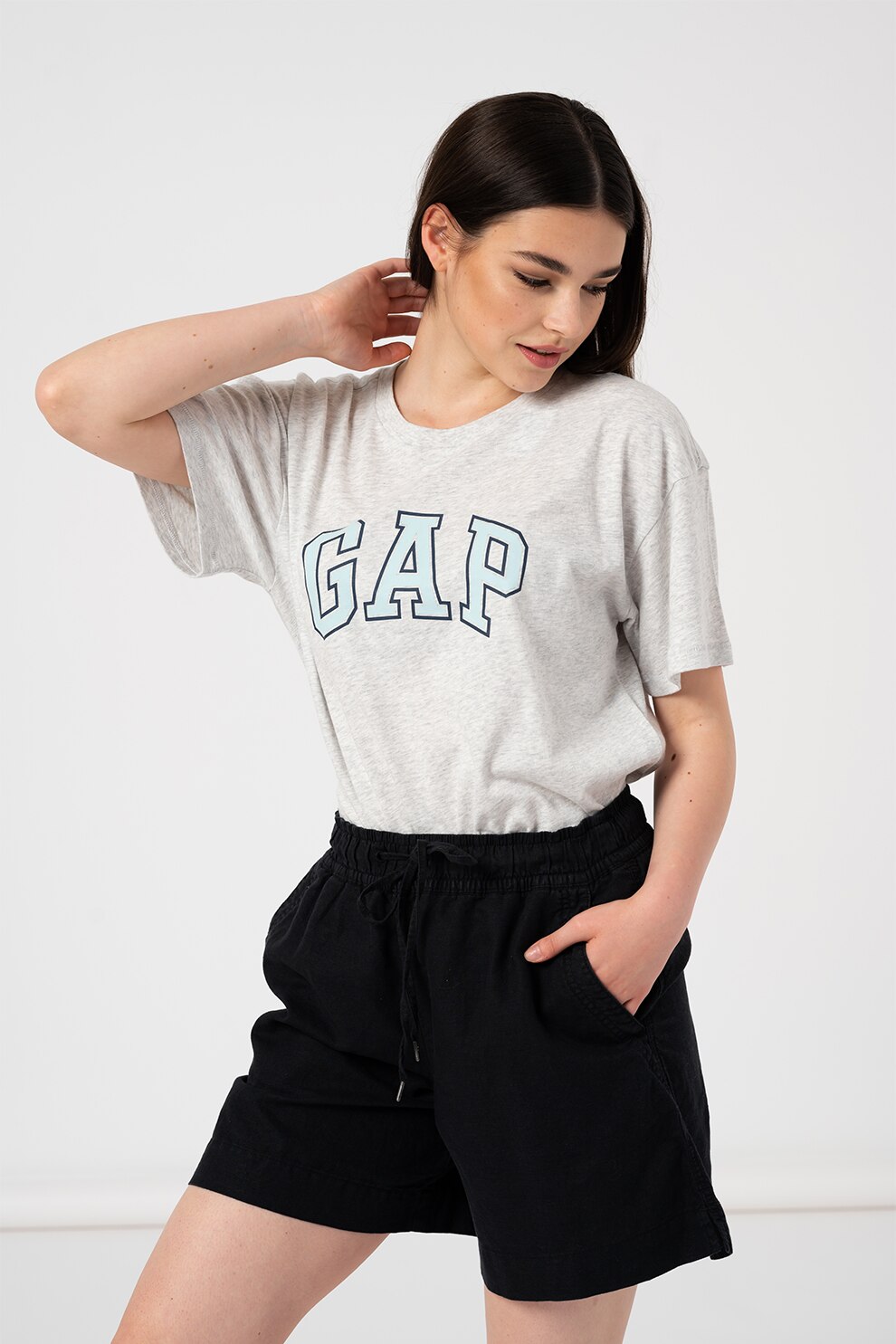 GAP, Tricou cu decolteu rotund si imprimeu logo, Gri melange