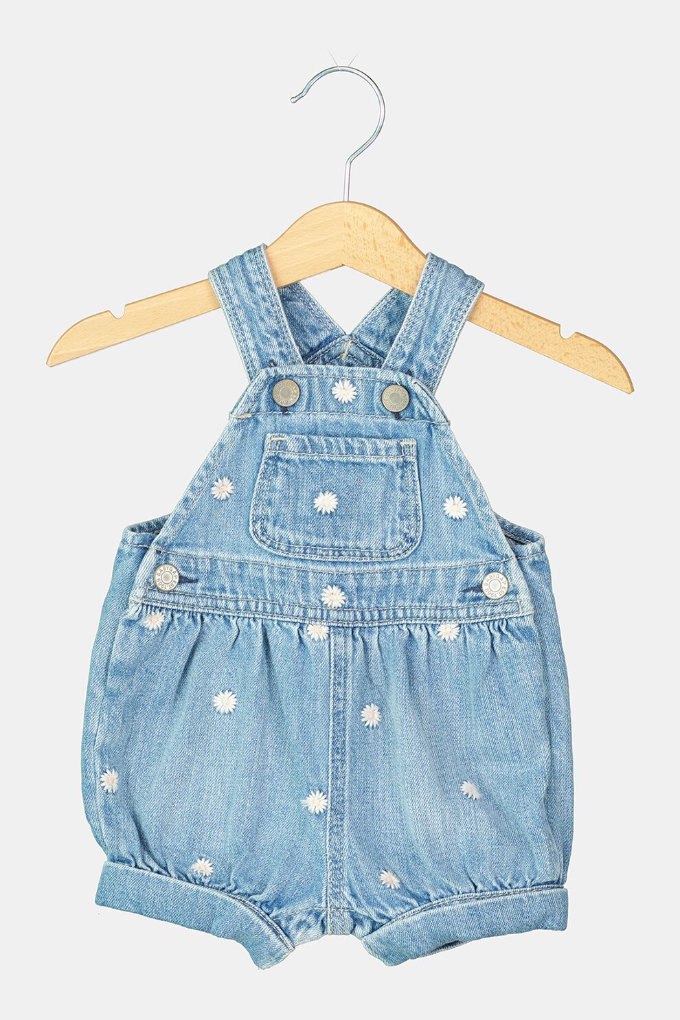 GAP, Salopeta de denim cu broderie florala, Albastru deschis