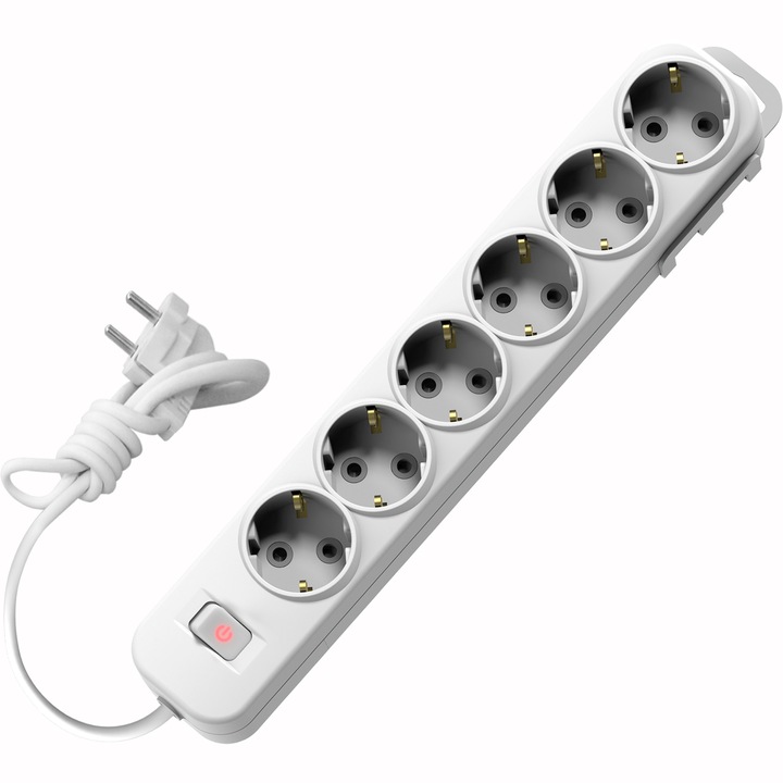 Разклонител ELBI Electric Myra, С ключ, Детска защита, Кабел 5 м, Бял, 6 гнезда