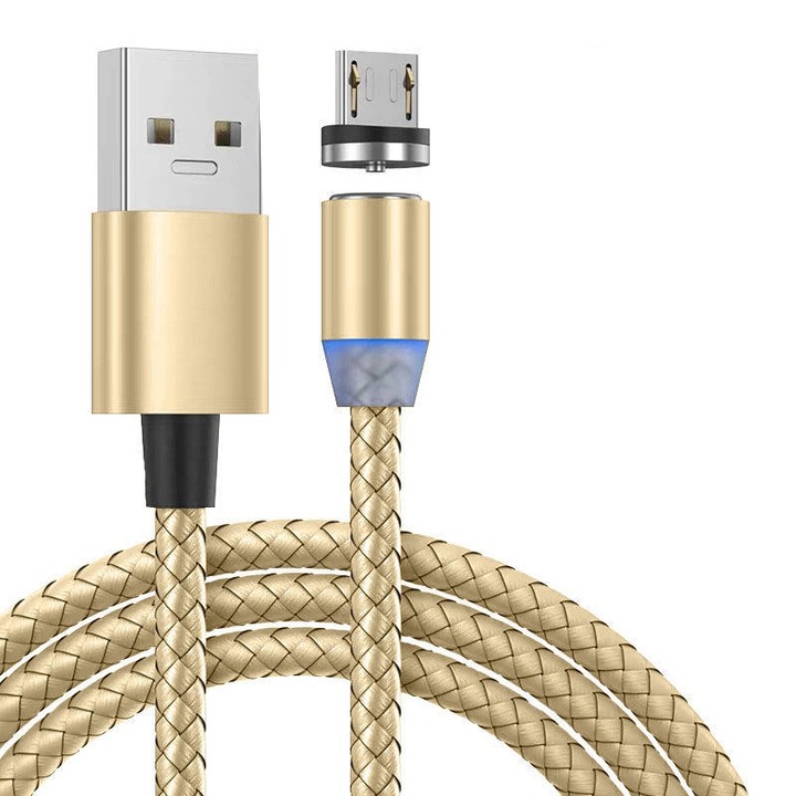Töltőkábel, micro-USB, mágneses csatlakozó, 2.4A gyors töltés, Gold, 2M