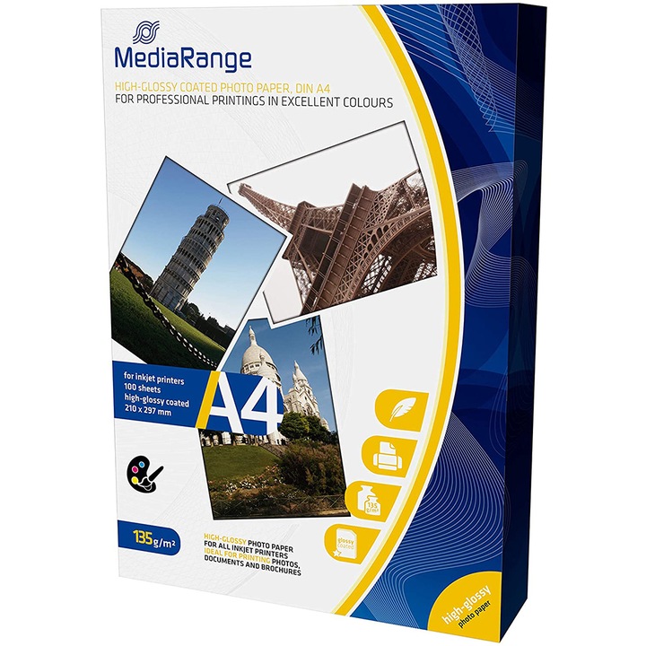 Фотохартия MediaRange DIN A4 235356221-2-47-51, За мастиленоструйни принтери, 135g/m2, 100 бр.