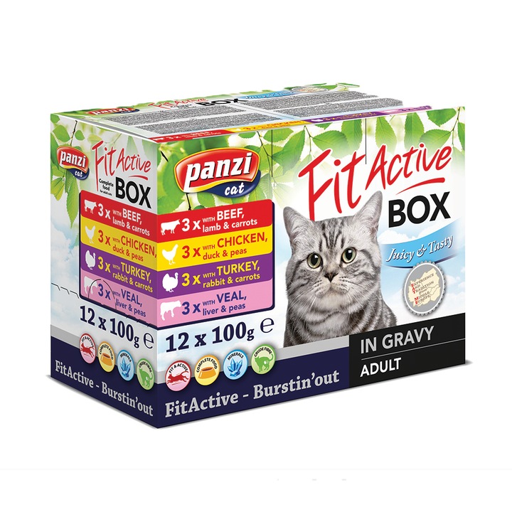 FitActive, Box nedves macskaeledel, Adult, 4 féle íz, 12x100 g