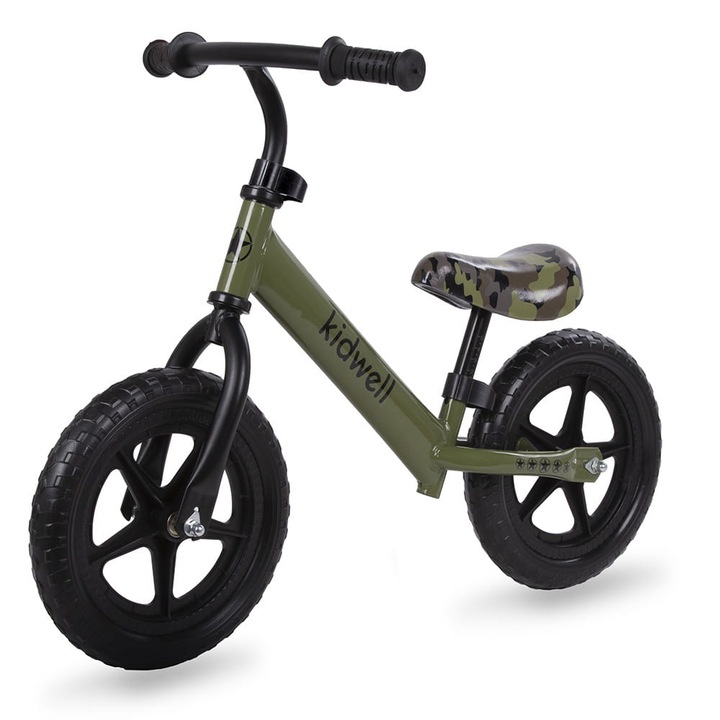 Bicicleta de echilibru fara pedale pentru copii, reglabila si roti late Eva de 12", Kaki