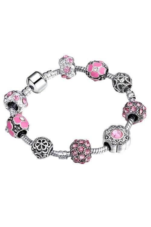 Bratara Happiness Charm placata cu Argint, 9 charm-uri, pietre Zirconiu, 18 cm