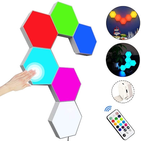 Lampa modulara hexagon cu aprindere prin atingere Led RGB, 6 panouri tactile, Telecomanda inclusa, Reflection Vision™
