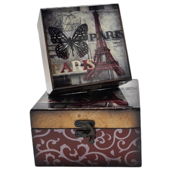 Set 2 Cutii Bijuterie Lemn , Model Vintage , Multicolor,10,5 x 10,5 x 9 cm / 10 x 10 x7 cm