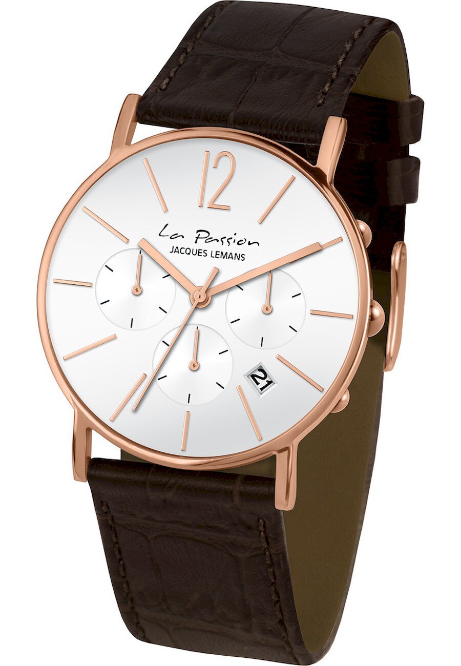 Ceas dama, Jacques Lemans, LP-123L, Curea din piele, Carcasa din otel inoxidabil, 40 mm, 5 ATM, Negru/Rose Gold