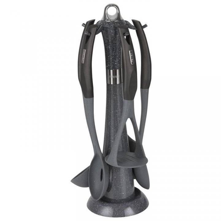 Set 5 ustensile de bucatarie din nylon cu suport Tower T832030, Suport din marmura si manere negre