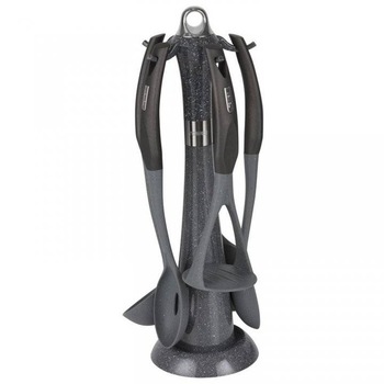 Set 5 ustensile de bucatarie din nylon cu suport Tower T832030, Suport din marmura si manere negre Set 5 ustensile de bucatarie din nylon cu suport Tower T832030, Suport din marmura si manere negre