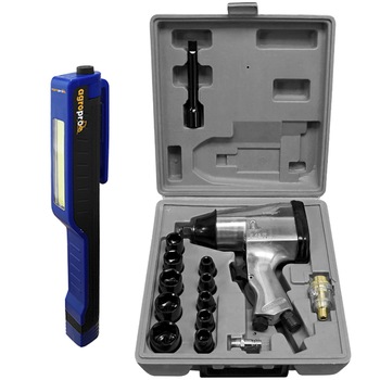 Set Masina de insurubat pneumatica Villager WF 002 A, presiune maxima 6.3 bar, viteza 7000 o/min, 1x lanterna LED magnetica Set Masina de insurubat pneumatica Villager WF 002 A, presiune maxima 6.3 bar, viteza 7000 o/min, 1x lanterna LED magnetica