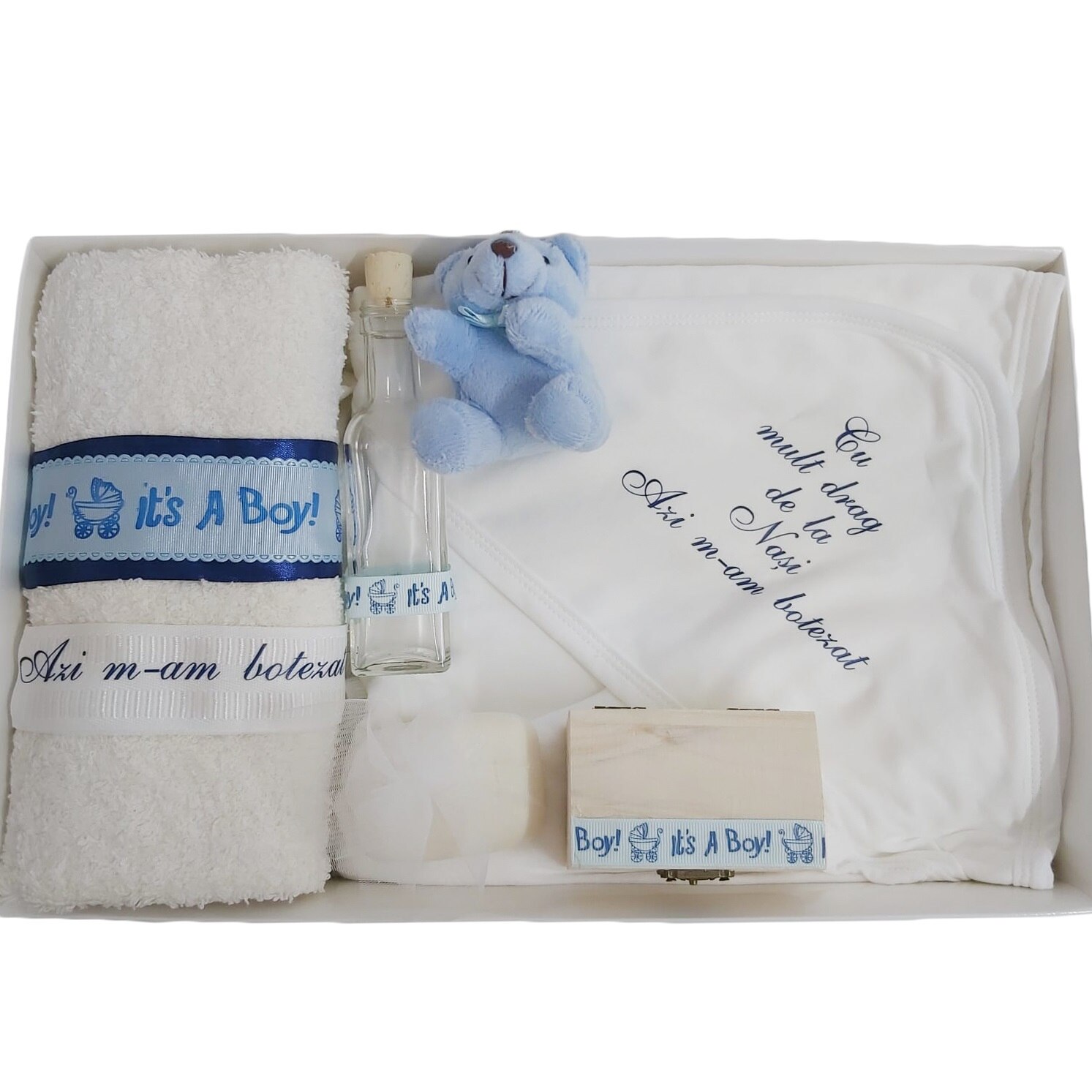 Set Trusou botez, Mini Bimbi, 8 piese, bumbac, alb/bleu, 0-12 luni