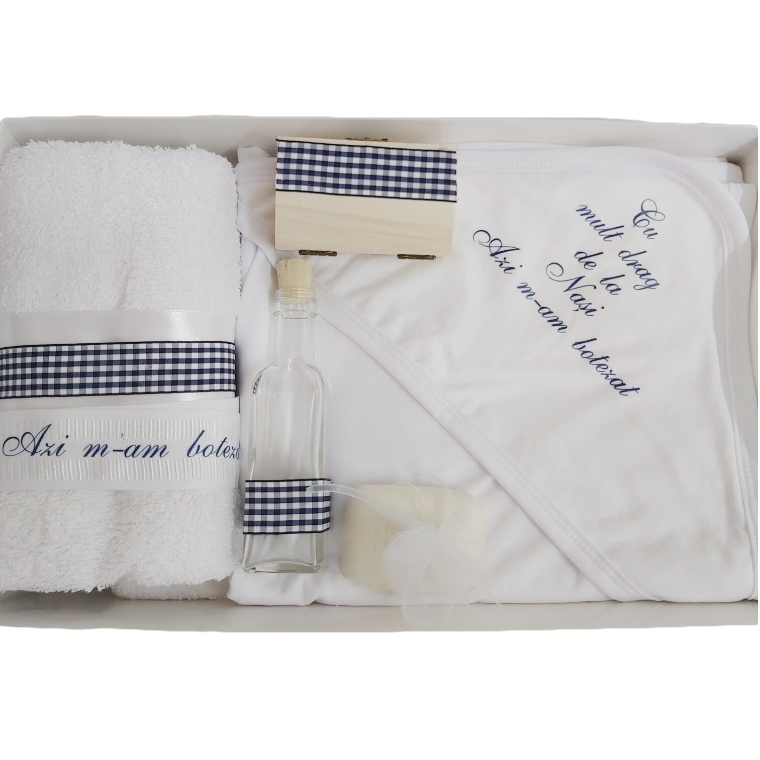 Set Trusou botez, Mini Bimbi, 8 piese, bumbac, alb/bleumarin, 0-12 luni