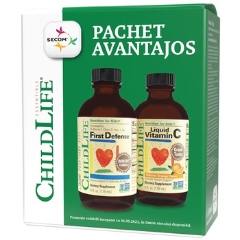 Pachet First Defense Childlife Essentials, 118.5 ml + Vitamina C pentru copii Childlife Essentials, 118.50 ml Secom Pachet First Defense Childlife Essentials, 118.5 ml + Vitamina C pentru copii Childlife Essentials, 118.50 ml Secom