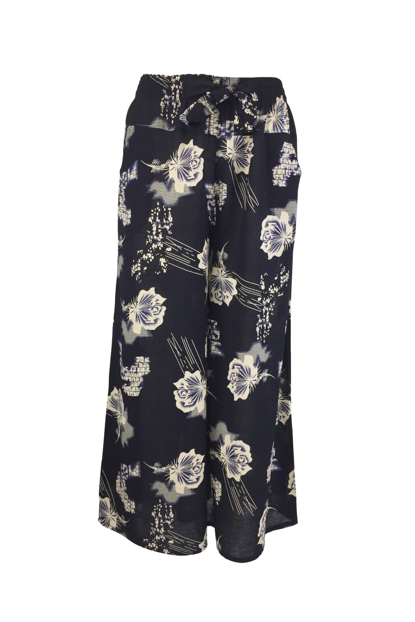 Fusta-pantalon, Univers Fashion, albastru cu imprimeu floral bej, 2 buzunare, cordon si elastic la talie