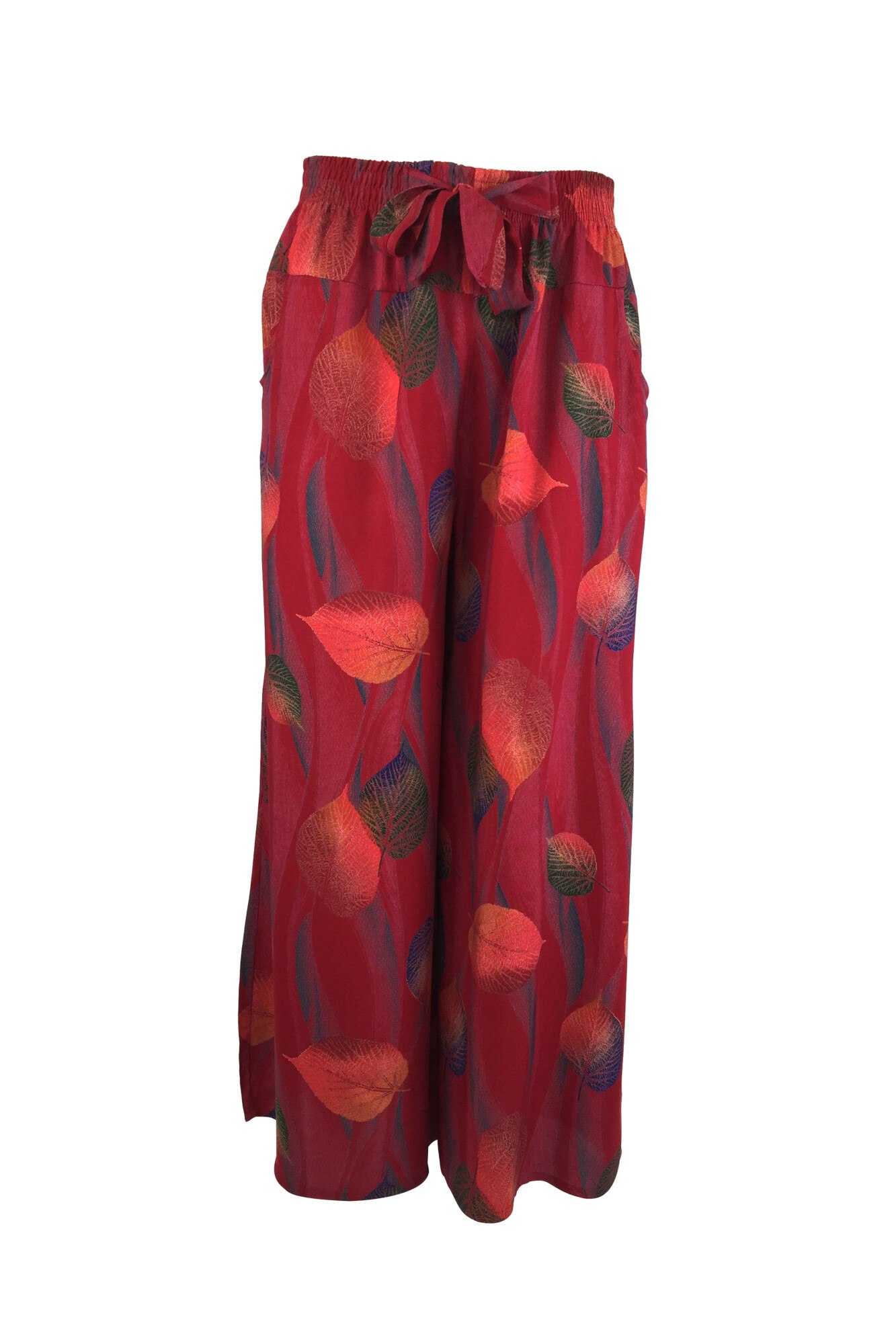 Fusta-pantalon, Univers Fashion, rosu cu imprimeu frunze, 2 buzunare, cordon si elastic la talie