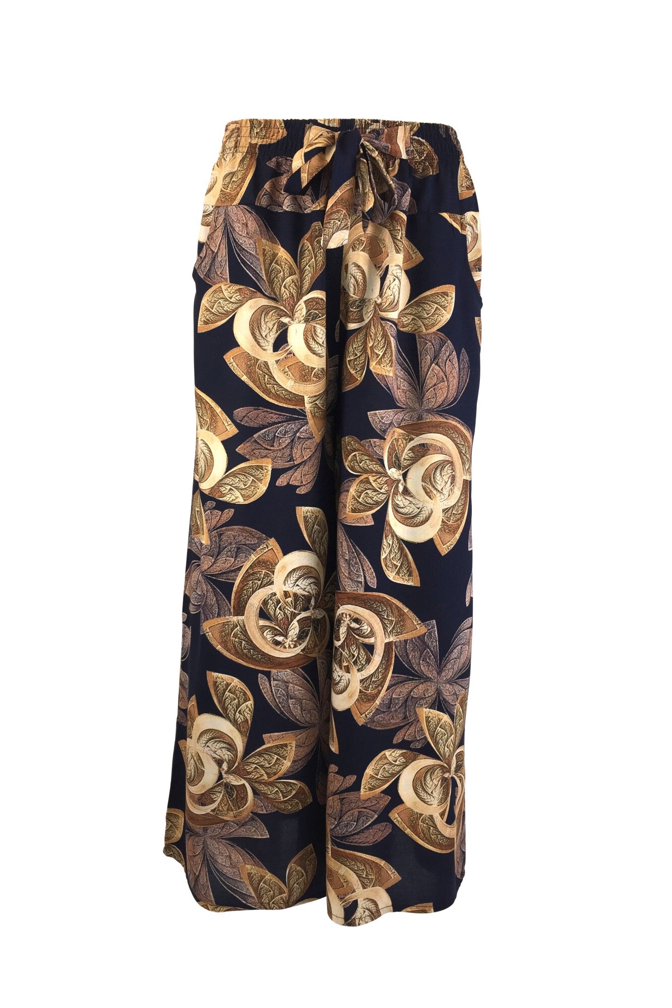 Fusta-pantalon, Univers Fashion, albastru cu imprimeu frunze maro, 2 buzunare, cordon si elastic la talie