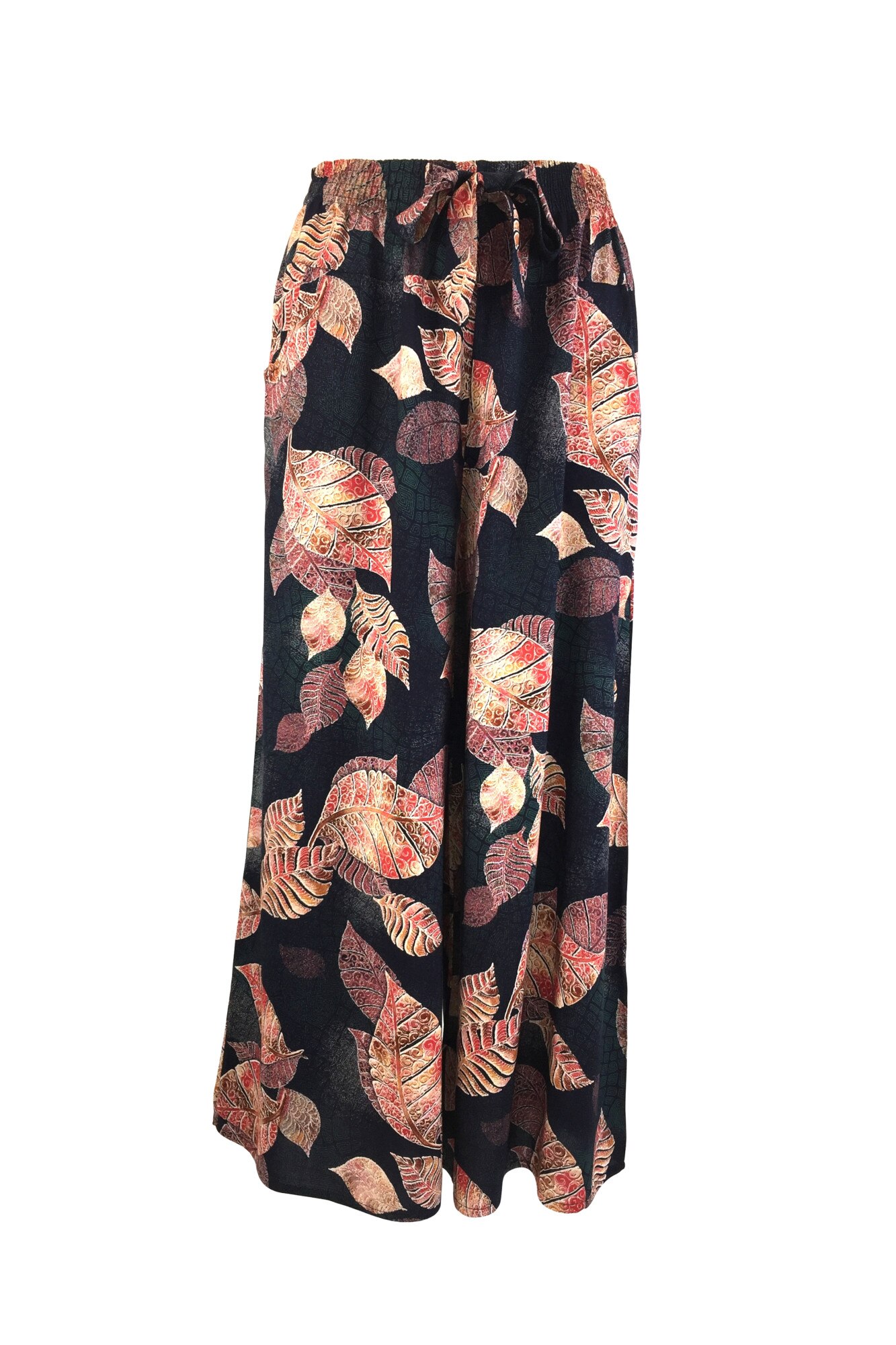 Fusta-pantalon, Univers Fashion, albastru cu imprimeu frunze, 2 buzunare, cordon si elastic la talie