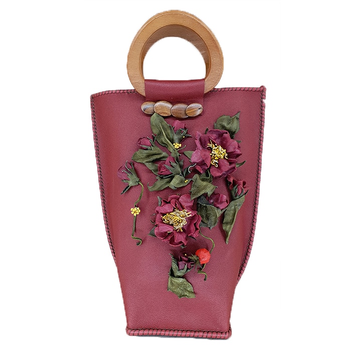 Poseta handmade din piele, culoare rosie, cu modele florale, AG Design, dimensiune 17/40/16 cm