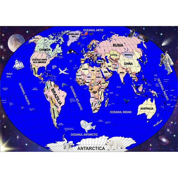 Fototapet copii Harta Lumii in romana, premium, multicolor, 250 x 400 cm