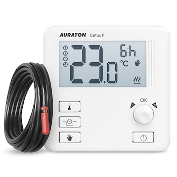 Termostat programabil Auraton CETUS P, alb, conectare cu fir, alimentare 2 baterii R6, pardoseala Termostat programabil Auraton CETUS P, alb, conectare cu fir, alimentare 2 baterii R6, pardoseala