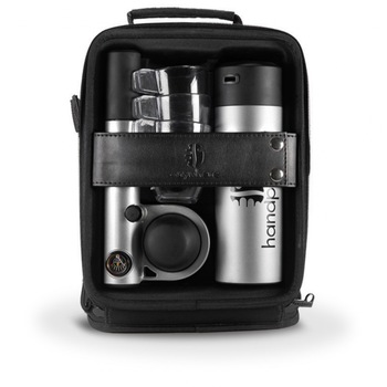 Set espressor portabil Handpresso Pump 16bar, manometru incorporat, termos argintiu Set espressor portabil Handpresso Pump 16bar, manometru incorporat, termos argintiu